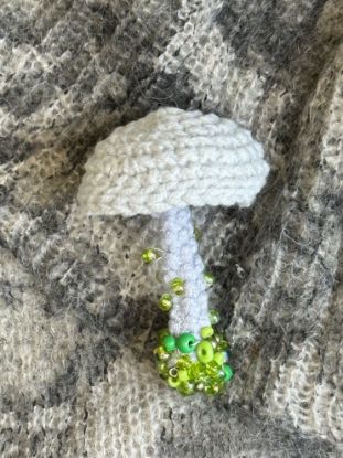 Picture of Crochet White and Green Mushroom Beaded Brooch