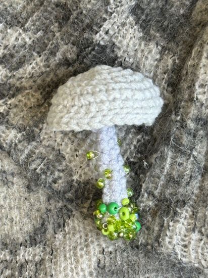 Picture of Crochet White and Green Mushroom Beaded Brooch