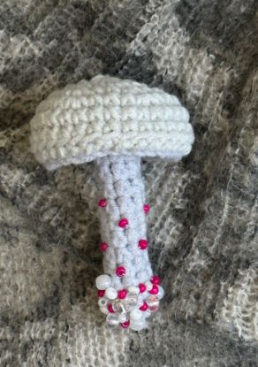 Picture of Crochet White and Hot Pink Mushroom Beaded Brooch